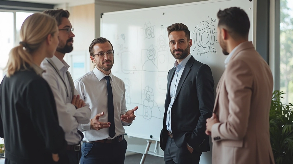 Creatief team brainstormend rond whiteboard vol ideeën en conceptskhetsen in moderne werkruimte
