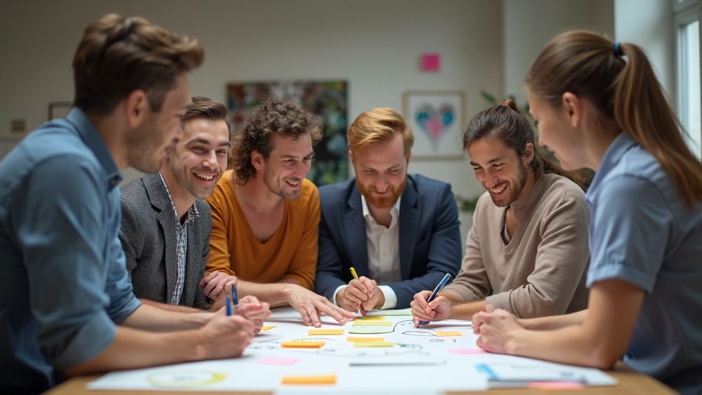 Creatief team brainstormt samen aan een grote tafel vol kleurige post-its en schetsmateriaal