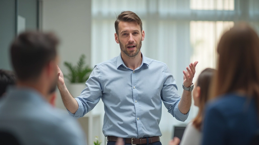 Manager leidt ideegeneratiesessie met team in moderne vergaderruimte, iedereen actief deelnemend aan discussie