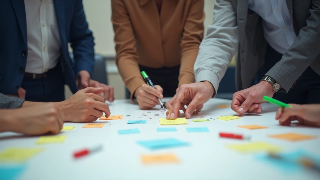 Groep mensen in creatieve sessie met sticky notes en kleurrijke markers op grote tafel