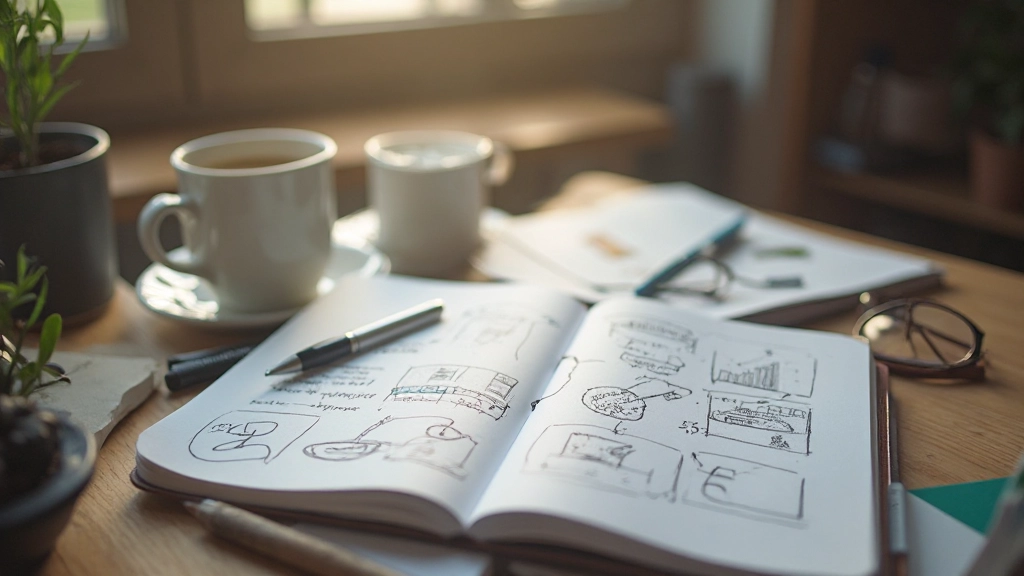 Professional notitieblok met creatieve aantekeningen en schetsjes, voorbereid voor ideegeneratie sessie